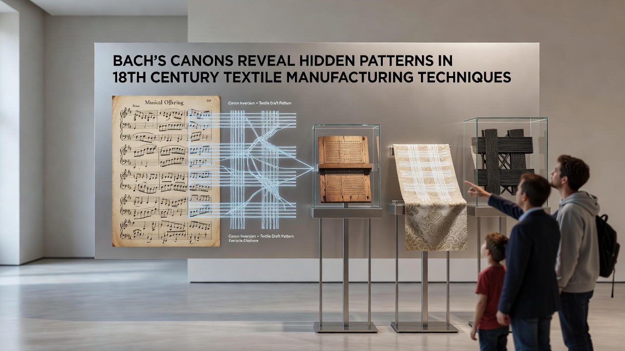 Side-by-side comparison of historical loom pattern book pages and Bach manuscript excerpts highlighting shared mathematical structures