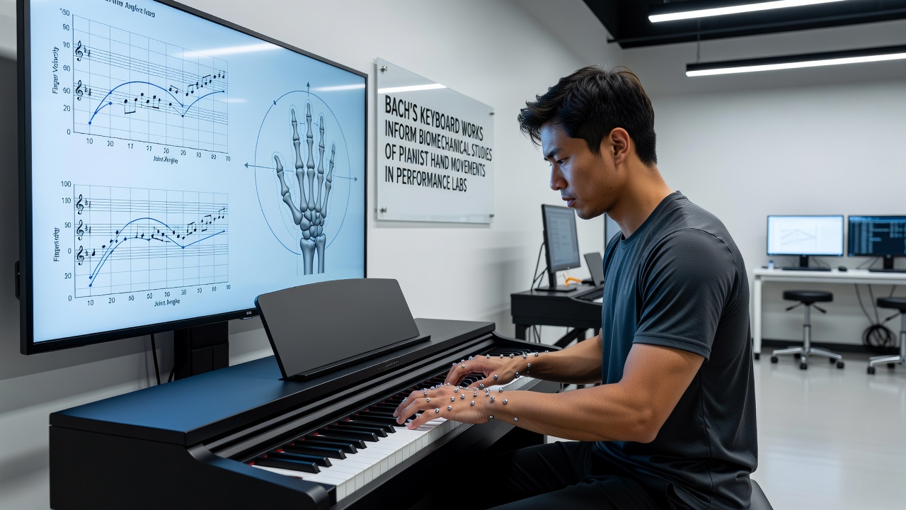 Close-up of motion capture markers on a pianist's hands while playing a Bach fugue in a laboratory setting